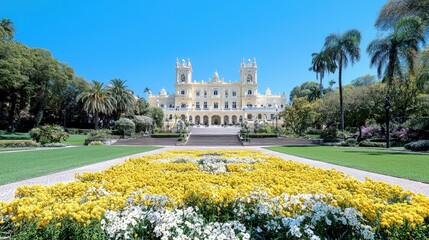 Fototapeta premium Yellow palace with grand staircase and flower garden.