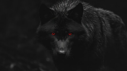 Majestic black wolf with glowing red eyes in dark forest.