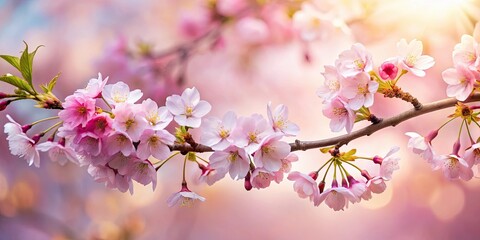 Fototapeta premium Blooms of cherry blossoms on a serene tree branch, pink, flowers, blossoms, spring, trees, nature, branches, foliage
