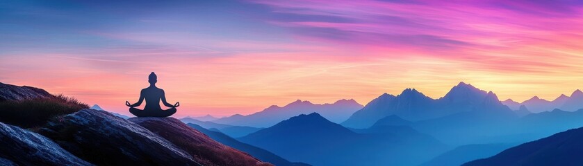Obraz premium A serene meditation scene against a breathtaking mountain sunset.