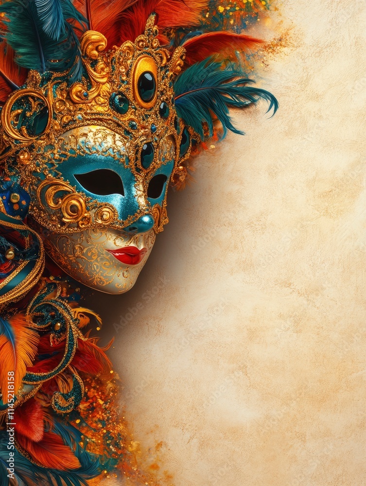 Wall mural Carnival Venice preparations, mask and carnival attributes background, Poster design, realistic, HD, copy space