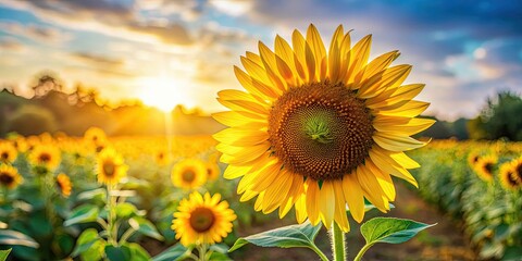 Fototapeta premium A sunflower standing upright in a field with its bright yellow petals and dark center
