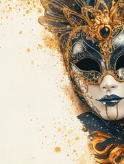 Fototapete Rund Carnival Venice preparations, mask and carnival attributes background, Poster design, realistic, HD, copy space © Nia™