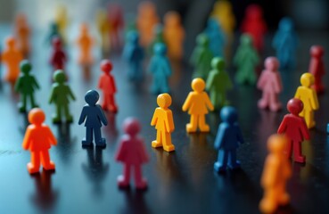 Colorful figurines stand on dark surface. Diversity, inclusion concept. Different colors represent diverse people. Equality, inclusion key ideas. Figurines show sense of community. Dark background