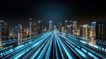 Fototapeta premium Long exposure reveals dynamic light streaks and the glow of skyscrapers in Moscow City, creating a futuristic urban panorama at night