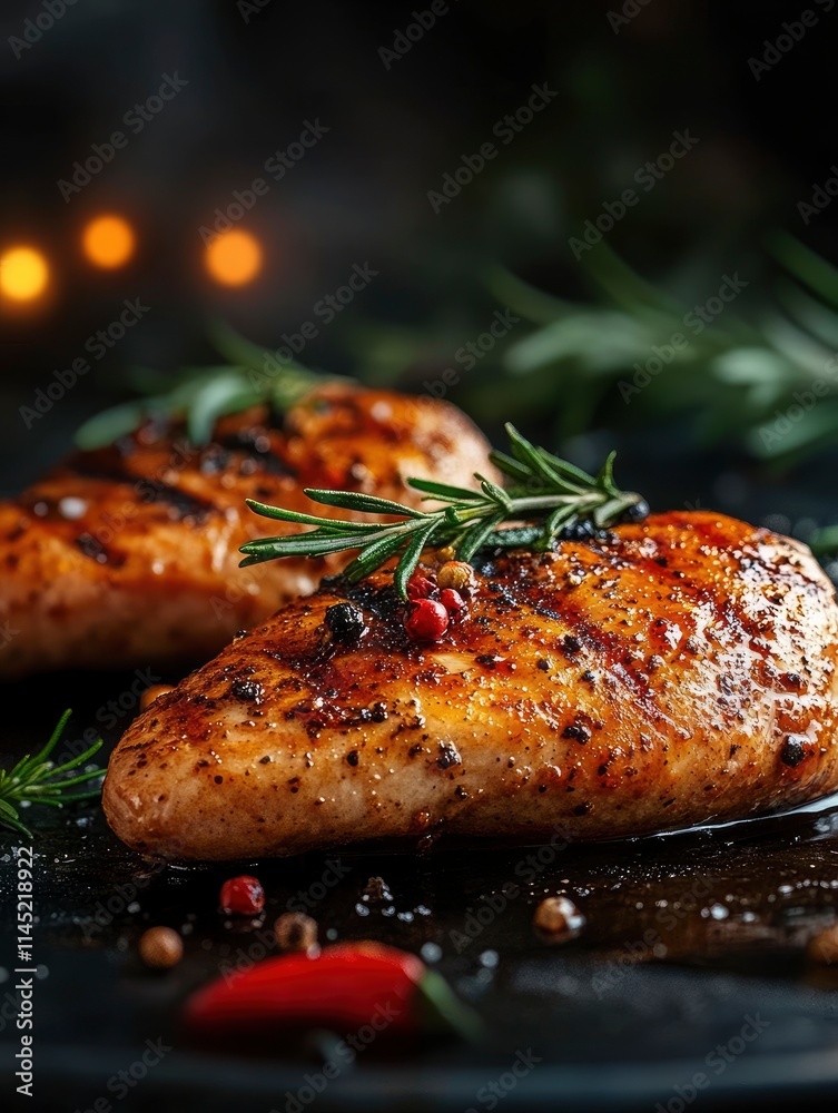 Wall mural Chicken breast steak, cooking, protein background, Poster design, realistic, HD, copy space 