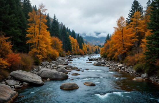 Autumnal landscape tranquil river winding through dense forest. Rocky riverbed visible amid flowing water. Vivid fall colors paint trees in shades of yellow, orange. Cloudy sky casts soft light over