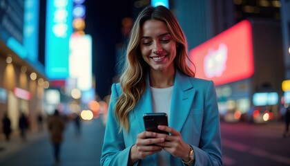 Smiling young woman uses smartphone on night city street. Neon lights illuminate urban scene. Stylish trendy female in blue blazer enjoys evening in noisy city. Tech savvy person interacts with