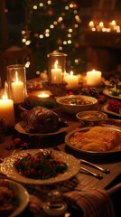 Fototapeta premium Festive dinner table adorned with candles and a variety of delicious dishes during winter celebrations