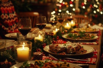 Festive holiday dinner setting with candlelight and decorations in a cozy atmosphere
