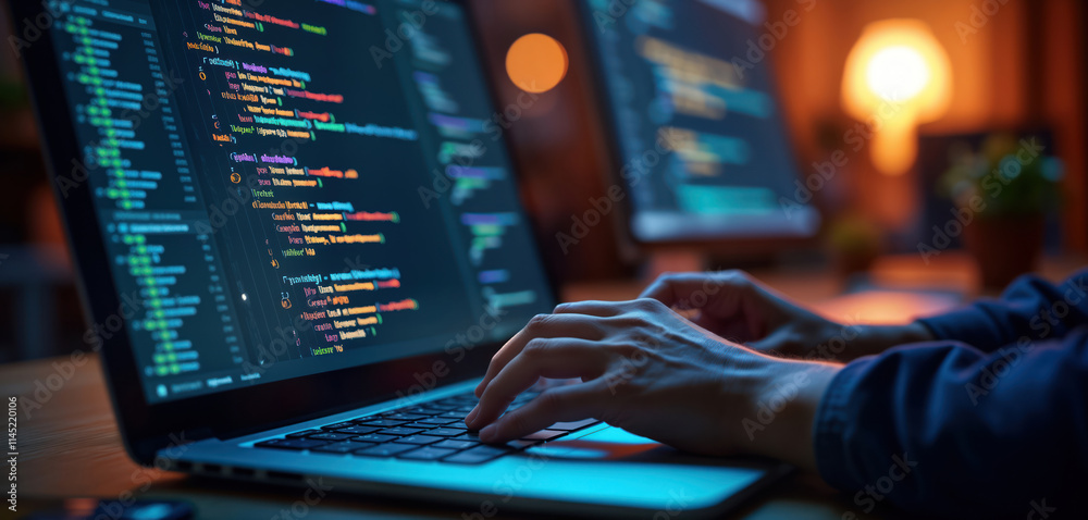 Poster Programmer types on laptop keyboard. Coding language visible on screen. Developing software with AI assistance. Modern tech workplace. Closeup view. Person focused on pro development.
