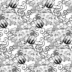Obraz premium Seamless Vector Pattern of Fierce Japanese Dragon with Pearl in Claw, Flying Amidst Asian Clouds, Monochrome Black and White Illustration