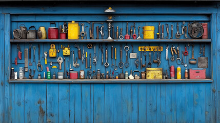 A vibrant blue tool wall with various hand tools, including wrenches, canisters, and other equipment organized neatly.