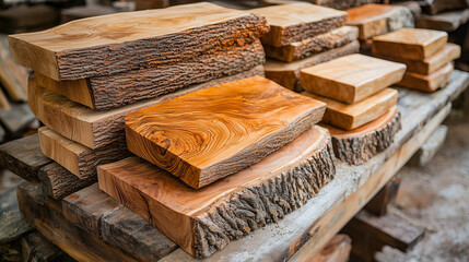 A close-up of various wooden planks stacked neatly, showcasing the texture and natural patterns of the wood.