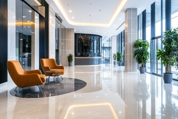 Modern office lobby with sleek furniture, marble flooring, and large windows providing natural light, creating a professional and inviting atmosphere