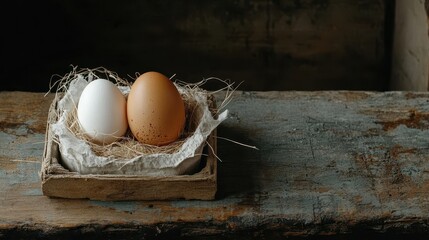 A white and a brown egg nestled together in a wooden crate lined with hay.
