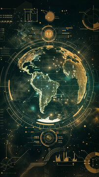 Golden and green holographic Earth display highlighting South America, surrounded by cosmic elements and high-tech HUD interface with analytical data points and circular design elements.