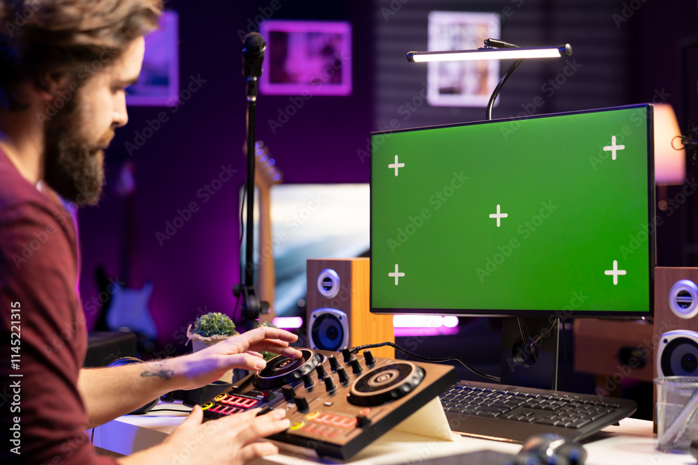 Poster Musician watching online tutorials to learn editing songs on greenscreen, working on post production in home studio. Artist mixing soundtracks and adjusting volume levels.