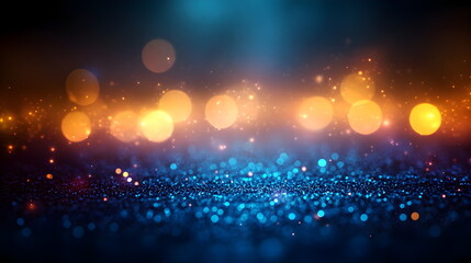 Fototapeta premium Abstract shimmering background with blurred lights on blue background. Christmas lights. Blue glitter, texture. Holiday card with new year and merry christmas, anniversary. Banner copyspace