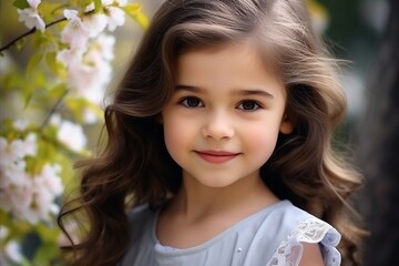 portrait of a beautiful little girl in the spring garden, outdoors