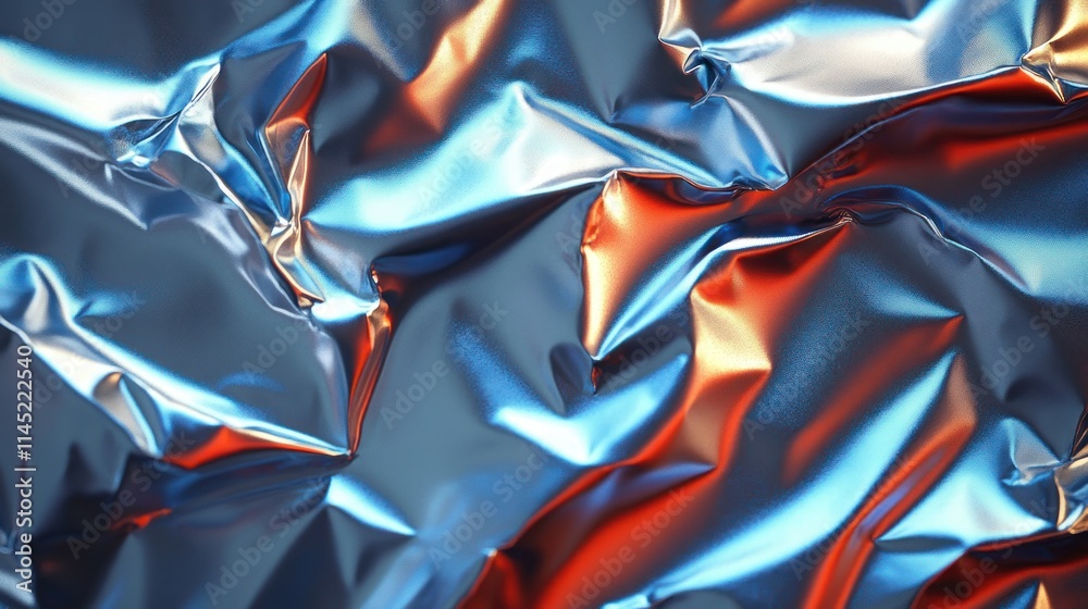 Poster a close-up of crumpled metallic foil in blue and red tones, showcasing texture and color.