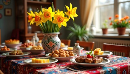 Naklejka premium Colorful Haft-Seen table setting for Nowruz celebration. Spring flowers, traditional Persian foods displayed on decorated table. Family gathering shown. Traditional dishes, spring flowers indicate