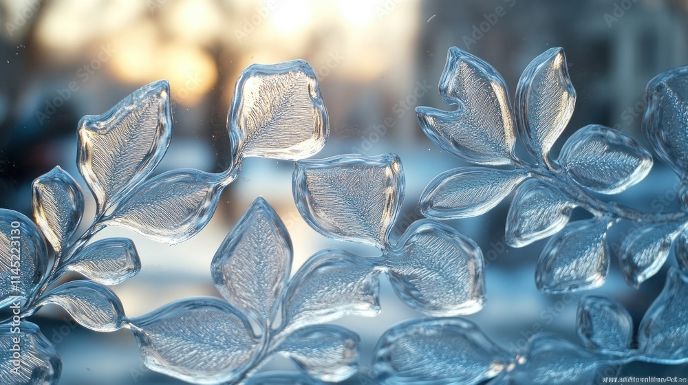 Poster a close-up of intricate ice formations resembling leaves, illuminated by soft sunlight.