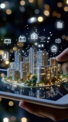 Fototapeta premium Experience the fusion of technology and urban development with a digital tablet displaying a virtual city hologram alongside social network icons