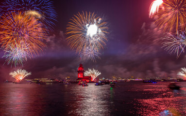 Fireworks Istanbul Uskudar, Maiden's Tower during Turkish Republic day celebrations (Turkish: 29 Ekim Cumhuriyet Bayrami) on October 29, in Istanbul, Turkey