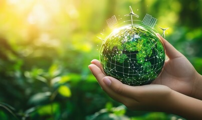 Hands holding a globe with greenery and eco symbols under bright sunlight, symbolizing sustainability.
