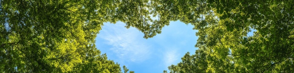 Obraz premium A heart-shaped gap in the forest canopy revealing a clear blue sky, symbolizing love for nature.