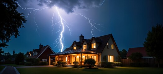 Powerful lightning strikes above suburban house at night. Home illuminated by indoor light. Stormy weather. Danger. Emergency. Nighttime scene. Potential insurance claim. Homeowner. Protection. Fear.