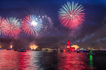 Fireworks Istanbul Uskudar, Maiden's Tower during Turkish Republic day celebrations (Turkish: 29 Ekim Cumhuriyet Bayrami) on October 29, in Istanbul, Turkey
