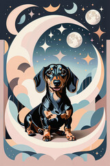 Obraz premium Artistically rendered Dachshund seated on crescent moon amidst celestial elements, combining Art Deco aesthetics with contemporary illustration style creating magical nighttime scene