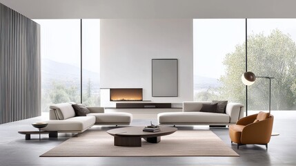 A sleek modern living room with minimalistic furniture, neutral tones, and large windows letting in natural light.