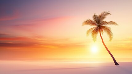 Fototapeta premium A vibrant sunset with a palm tree silhouette, blending into a clean white canvas for contrast.