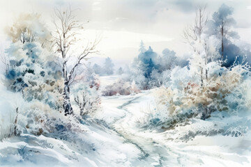 Fototapeta premium gentle watercolor winter landscape with trees and path, footprints in the snow, illustration., watercolor style, 
