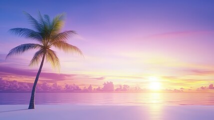 Obraz premium A vibrant sunset with a palm tree silhouette, blending into a clean white canvas for contrast.