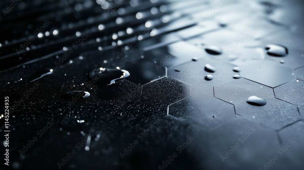 Poster water droplets resting on a textured surface with hexagonal patterns in a dimly lit environment