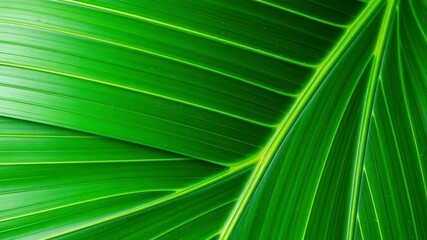 Close up shot of a vibrant green palm leaf, showcasing its natural texture and tropical beauty, leaf veins, detail, natural