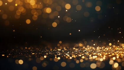 Golden confetti, small yellow circles explode on black background. Abstract design for greeting cards, party invitations, celebratory occasions like anniversaries, awards. Illustration style perfect