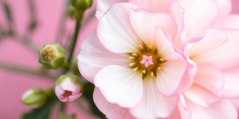 Close-up shot of beautiful pink and white ranunculus flowers in full bloom, close-up, white