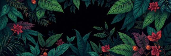 Fototapeta premium Dark pattern featuring a variety of exotic leaves in rich, deep colors, background, intricate