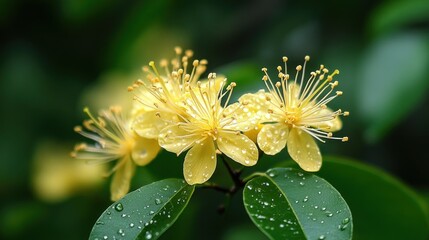 A close-up of yellow flowers with raindrops on leaves, showcasing nature's beauty.
