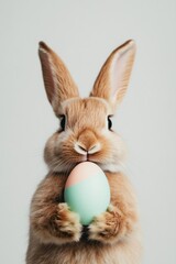 Obraz premium A fluffy brown bunny holds a beautifully decorated pastel egg, embodying the joy and spirit of Easter. Its cute features highlight the magic of spring festivities and traditions