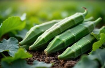 Fototapeta premium Fresh green okra pods lie on rich soil in agriculture field. Healthy vegetable in garden setting. Uncooked okra ready for harvest. Natural, organic produce. Excellent source of fiber, nourishment.