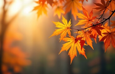Autumnal maple leaves in vibrant orange hues frame park scene. Sunlight filters through foliage. Warm colors, bokeh background create beautiful autumnal image. Perfect for autumnal themes nature