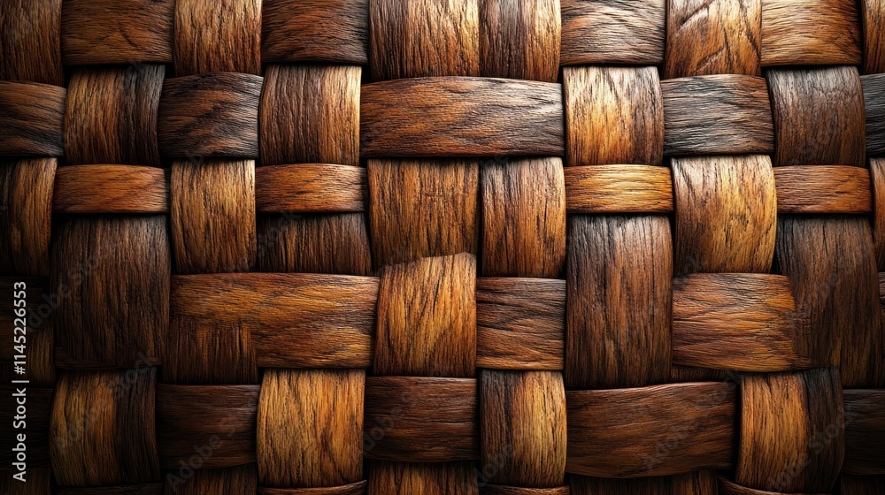 Poster A close-up view of a woven wooden texture showcasing intricate patterns and rich colors.