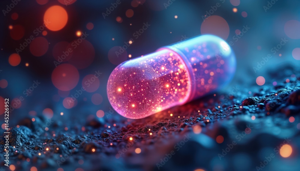 Poster advanced pill concept for future healthcare. smart drug with glowing particles. tech innovation in m