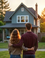 Young couple stands outside new house. Look at house with interest. Lovely home. Sunset time. Outdoors. Couple excited to buy house. Ready to purchase new home. Happy to find right property. Dreaming